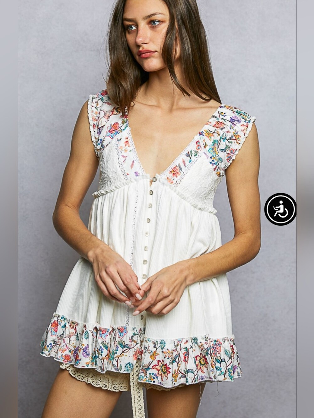 POL White Boho Floral-Trim V-Neck Tunic